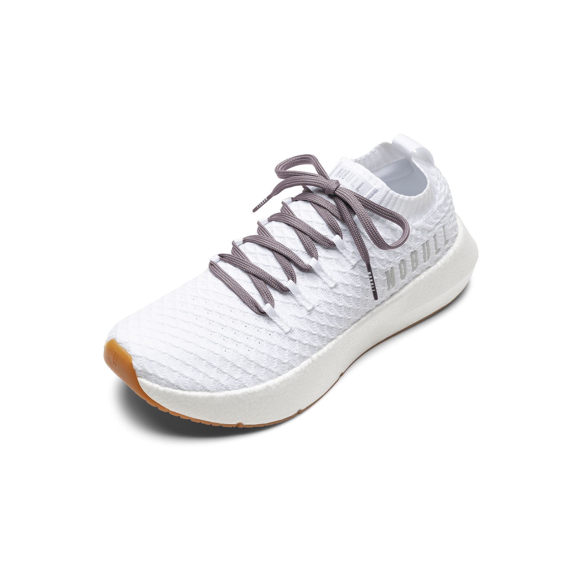 White Drive Knit Shoe with Elderberry Shoelaces.