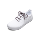 White Recs Knit Shoe with Elderberry Shoelaces.