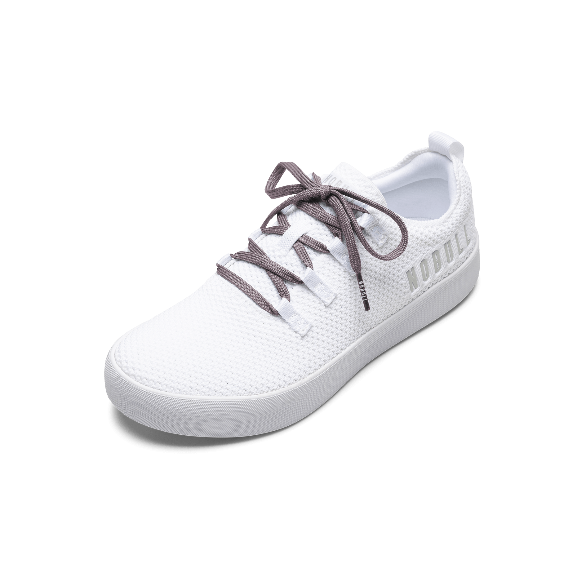 White Recs Knit Shoe with Elderberry Shoelaces.
