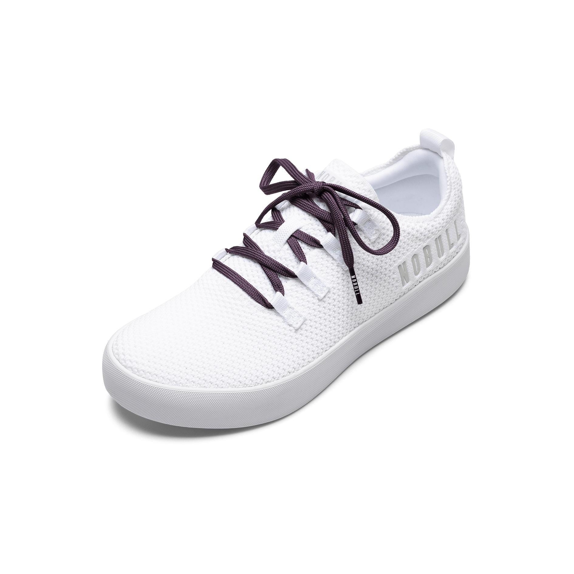 White Recs Knit Shoes with Blackberry Laces.