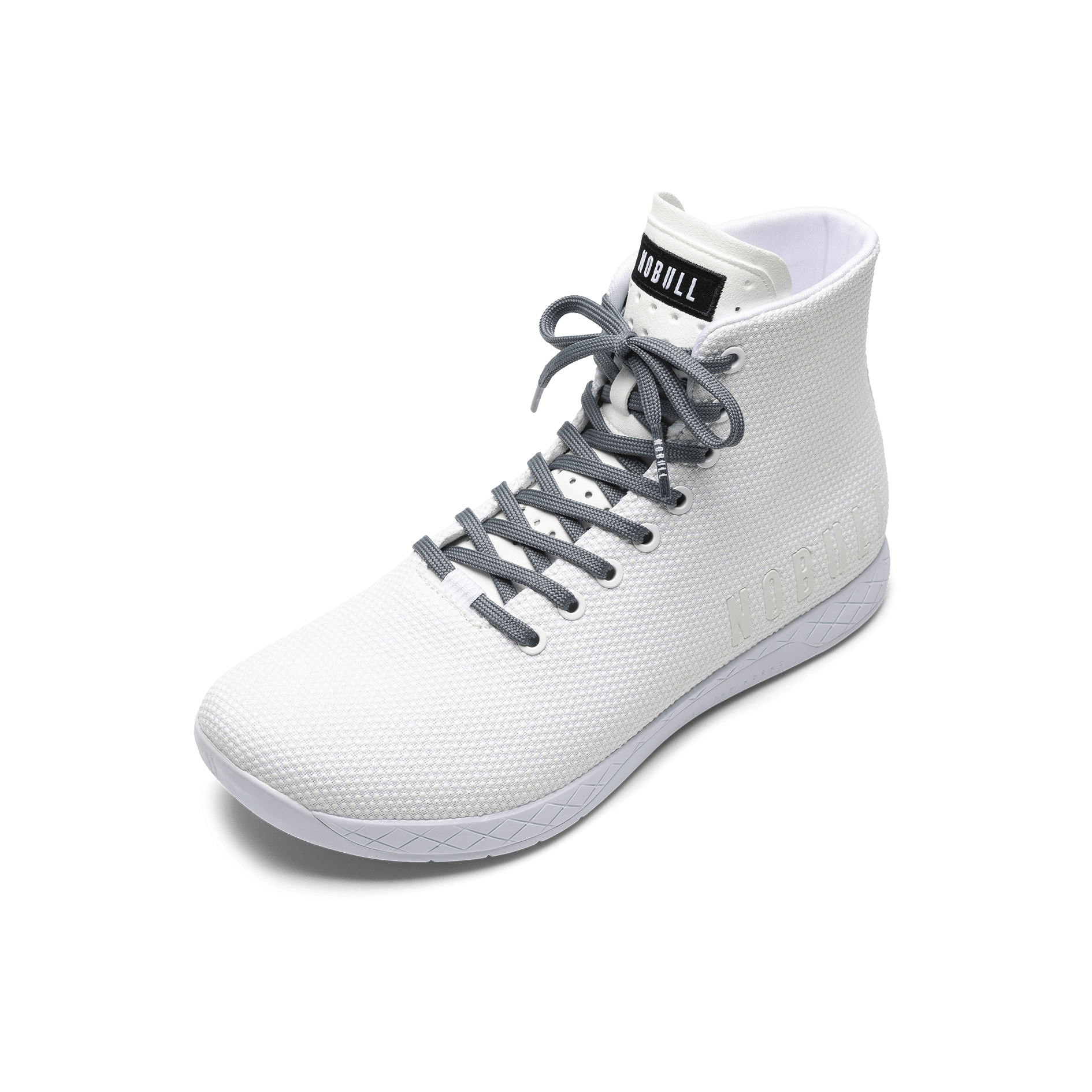 White Outwork High-Top Shoe with Storm Cloud Shoelaces.