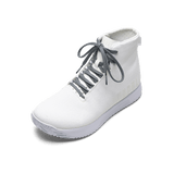 White Outwork Edge High-Top Shoe with Storm Cloud Shoelaces.