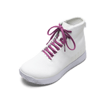 White Outwork Edge High-Top Shoe with Vivid Fuchsia Shoelaces.