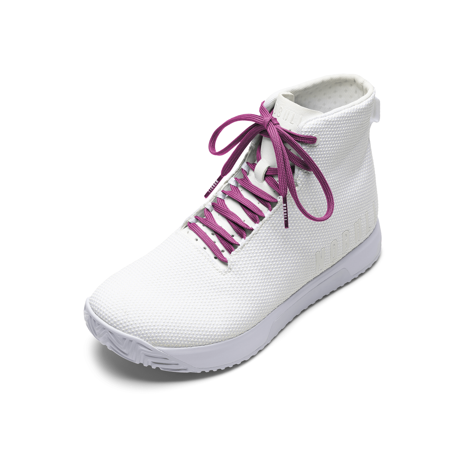 White Outwork Edge High-Top Shoe with Vivid Fuchsia Shoelaces.