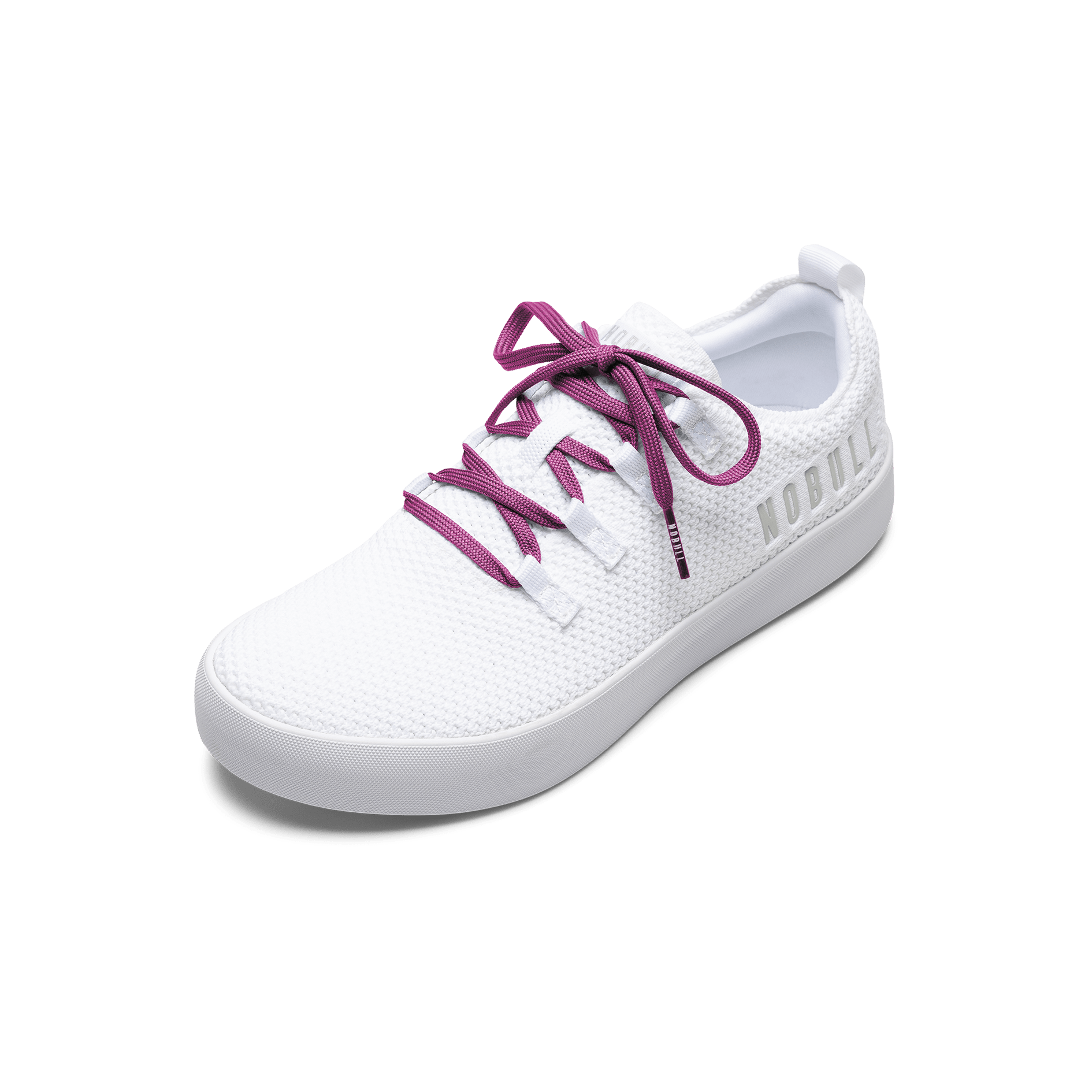 White Recs Knit Shoe with Vivid Fuchsia Shoelaces.