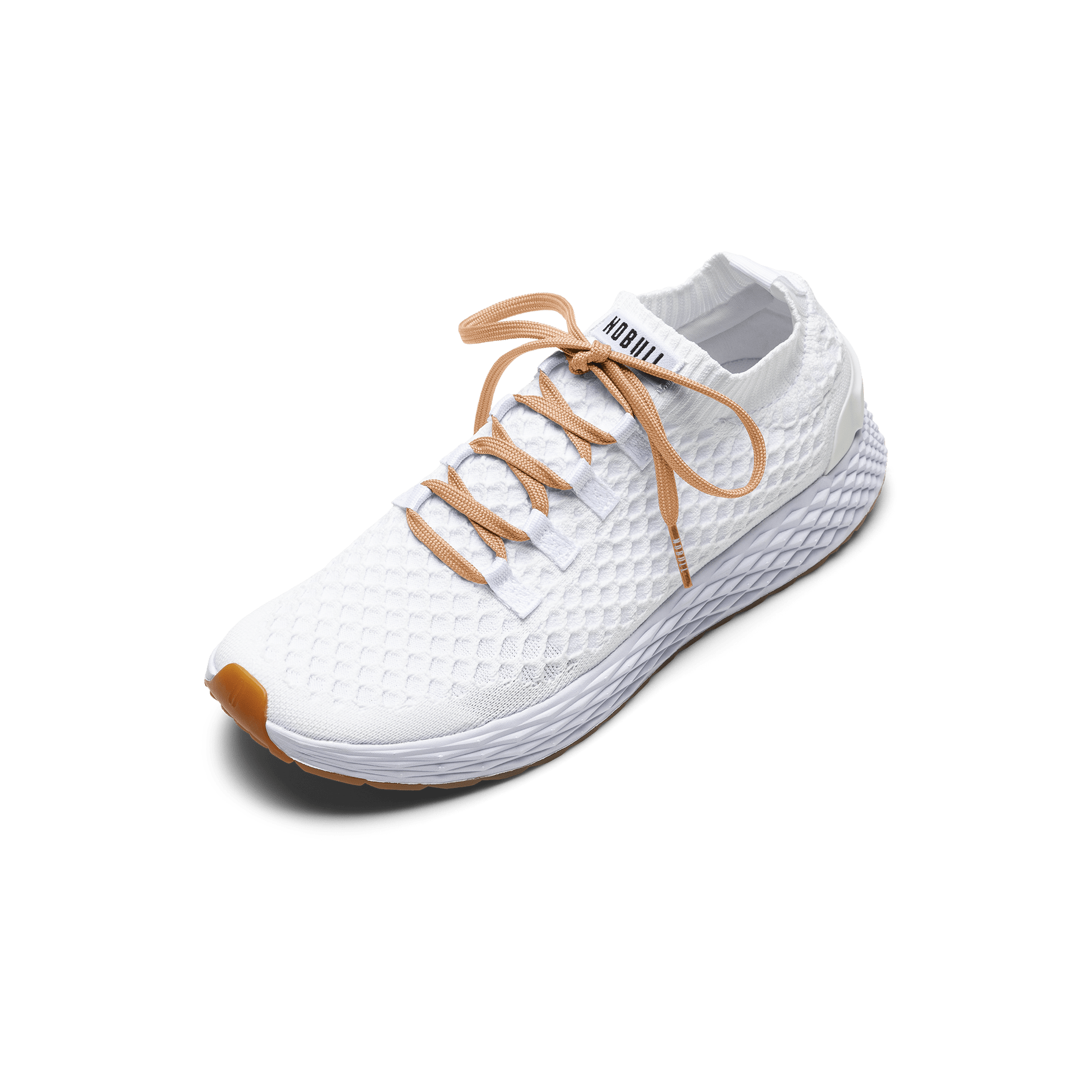 White Allday Knit Shoe with Peach Shoelaces.