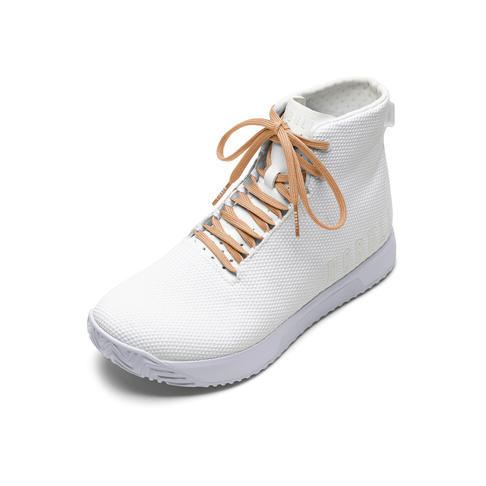 White Outwork Edge High-Top with Peach Shoelaces.