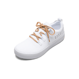 White Recs Knit Shoe with Peach Shoelaces.