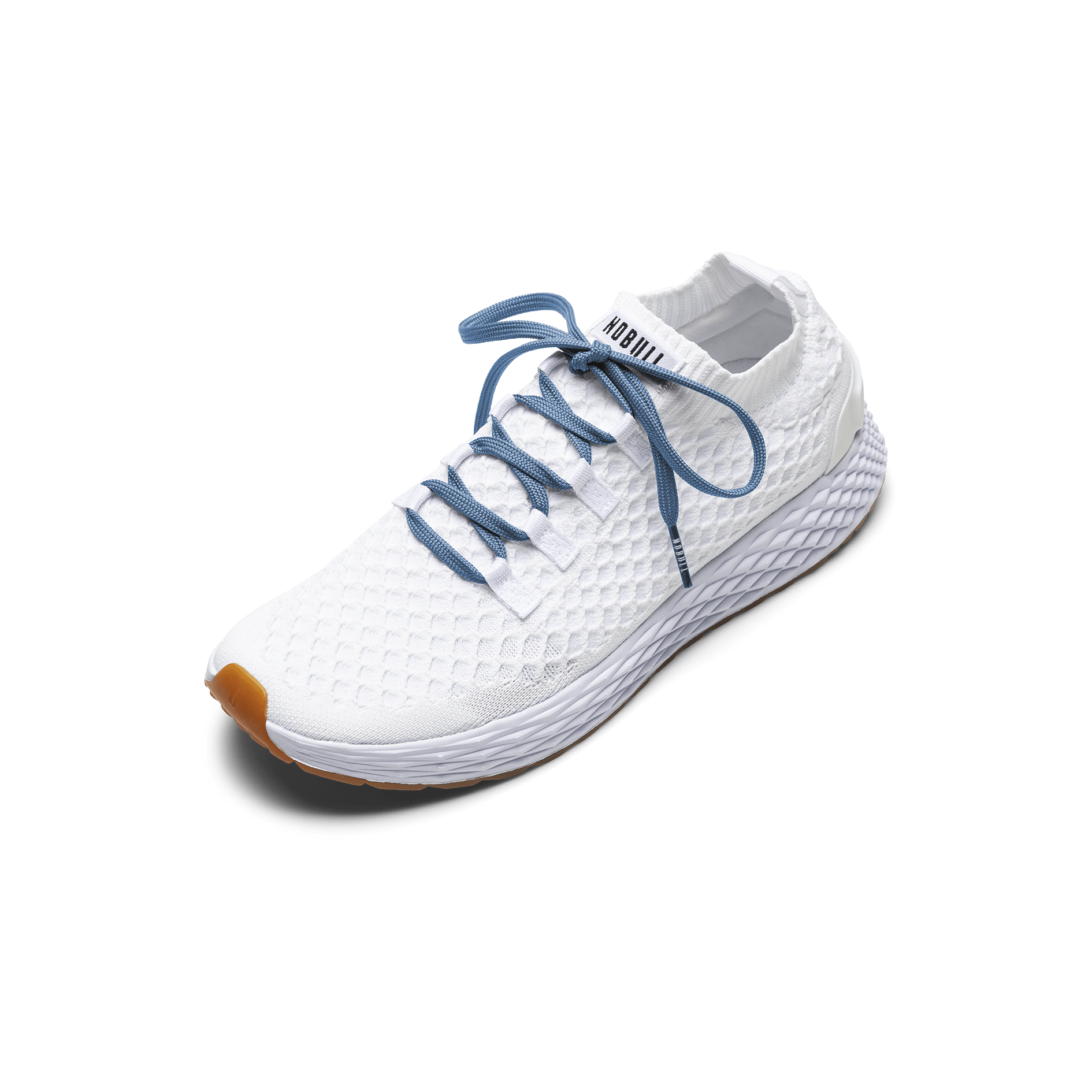 White Allday Knit Shoes with Light Blue Laces.