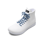 White Outwork high-top shoe with light blue laces on a white background.