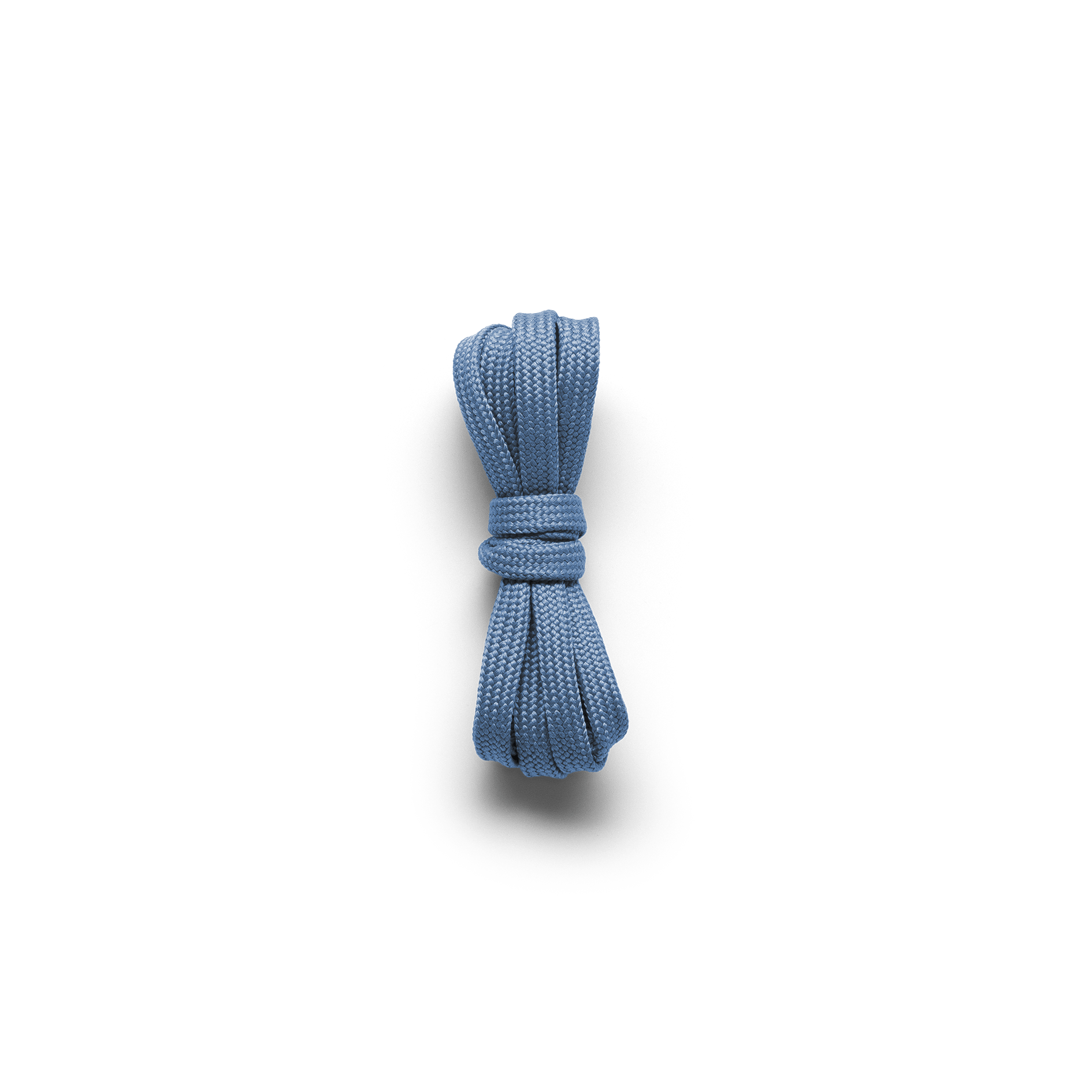 Light blue shoelace tied in a knot on a white background.