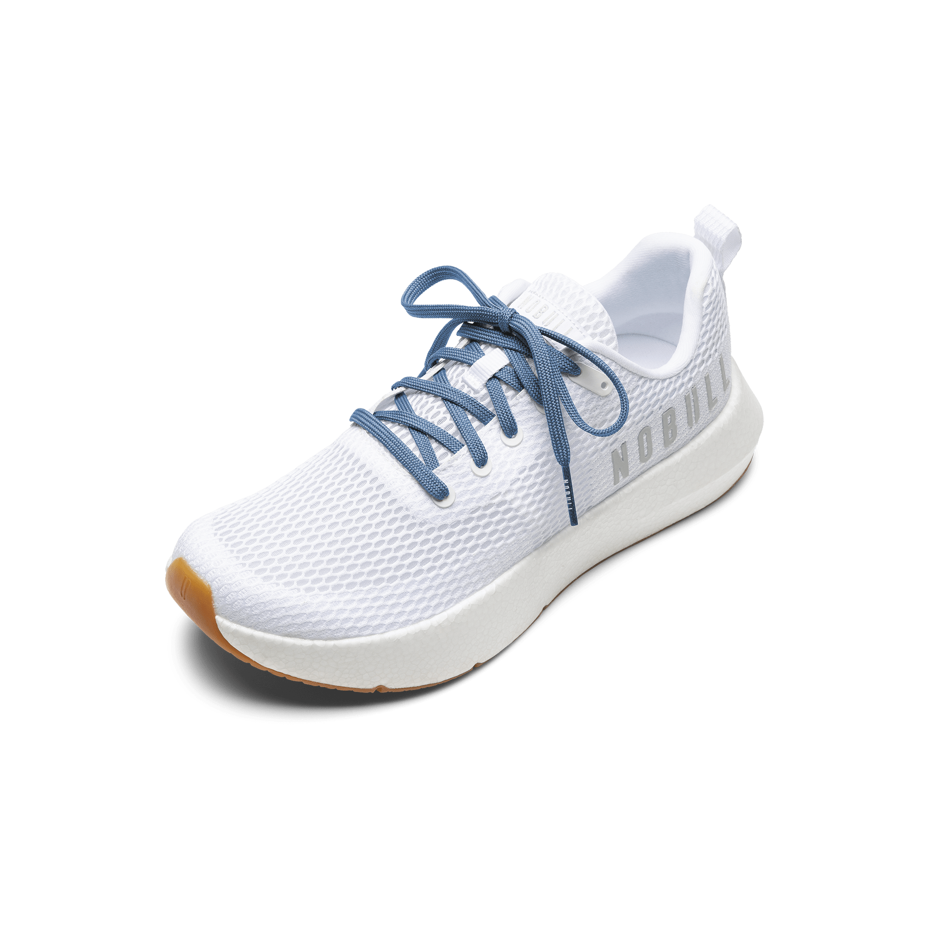 White Drive Mesh Shoes with Light Blue Laces.