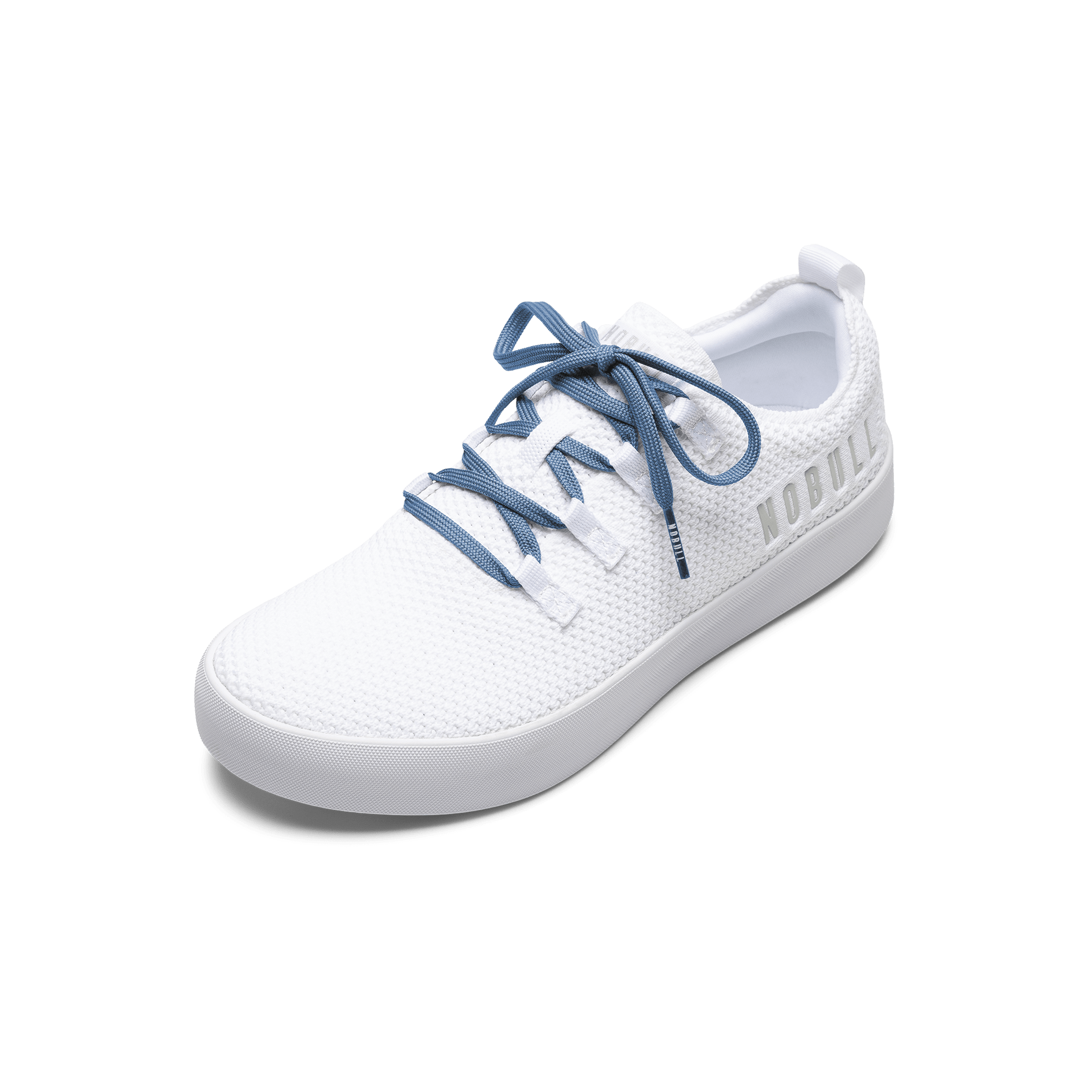 White Recs Knit Shoes with Light Blue Laces.