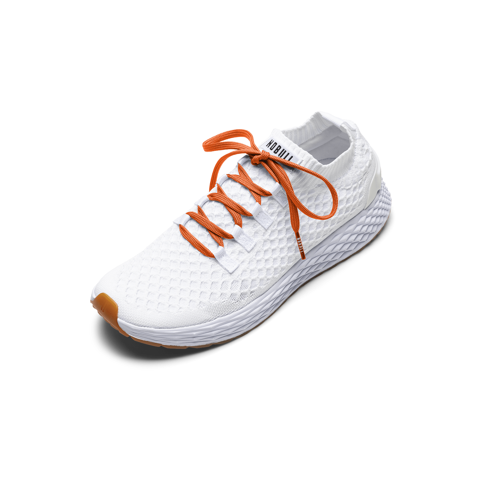 White Allday Knit Shoe with Scarlet Shoelaces.