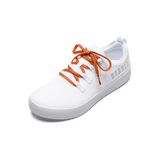 White Recs Knit Shoe with Scarlet Shoelaces.