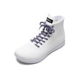 White Outwork High-Top Shoe with Purple Shoelaces.