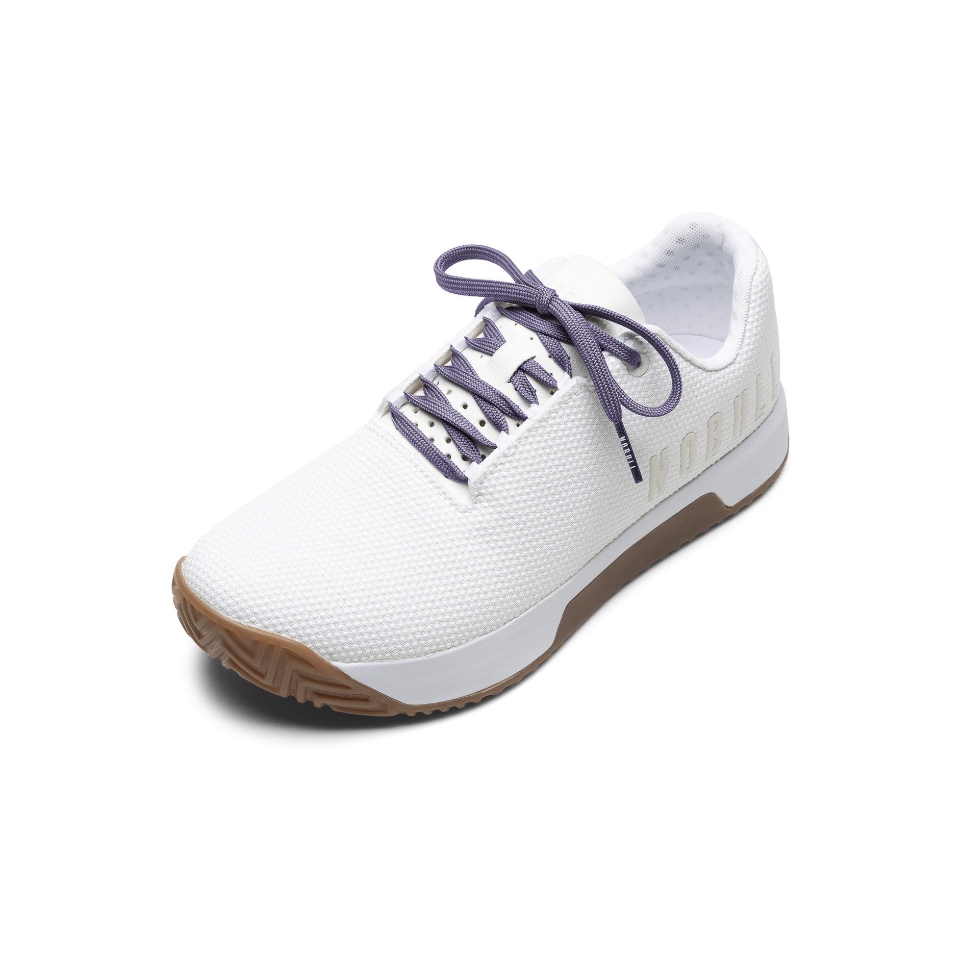 White Outwork Edge Shoe with Purple Shoelaces.