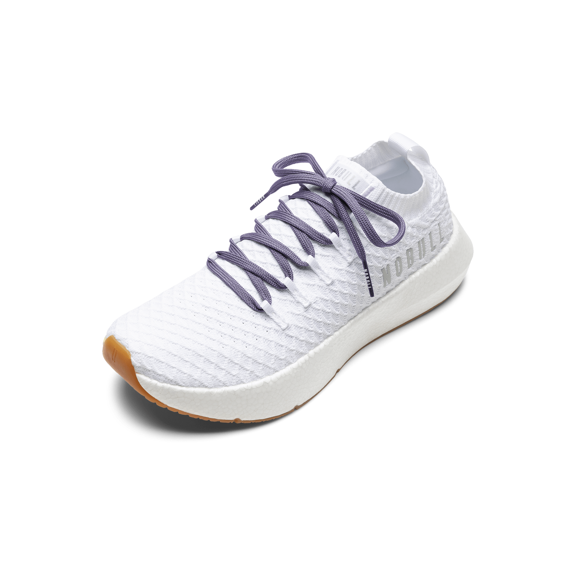 White Drive Knit Shoe with Purple Shoelaces.