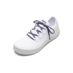 White Recs Canvas Shoe with Purple Shoelaces.