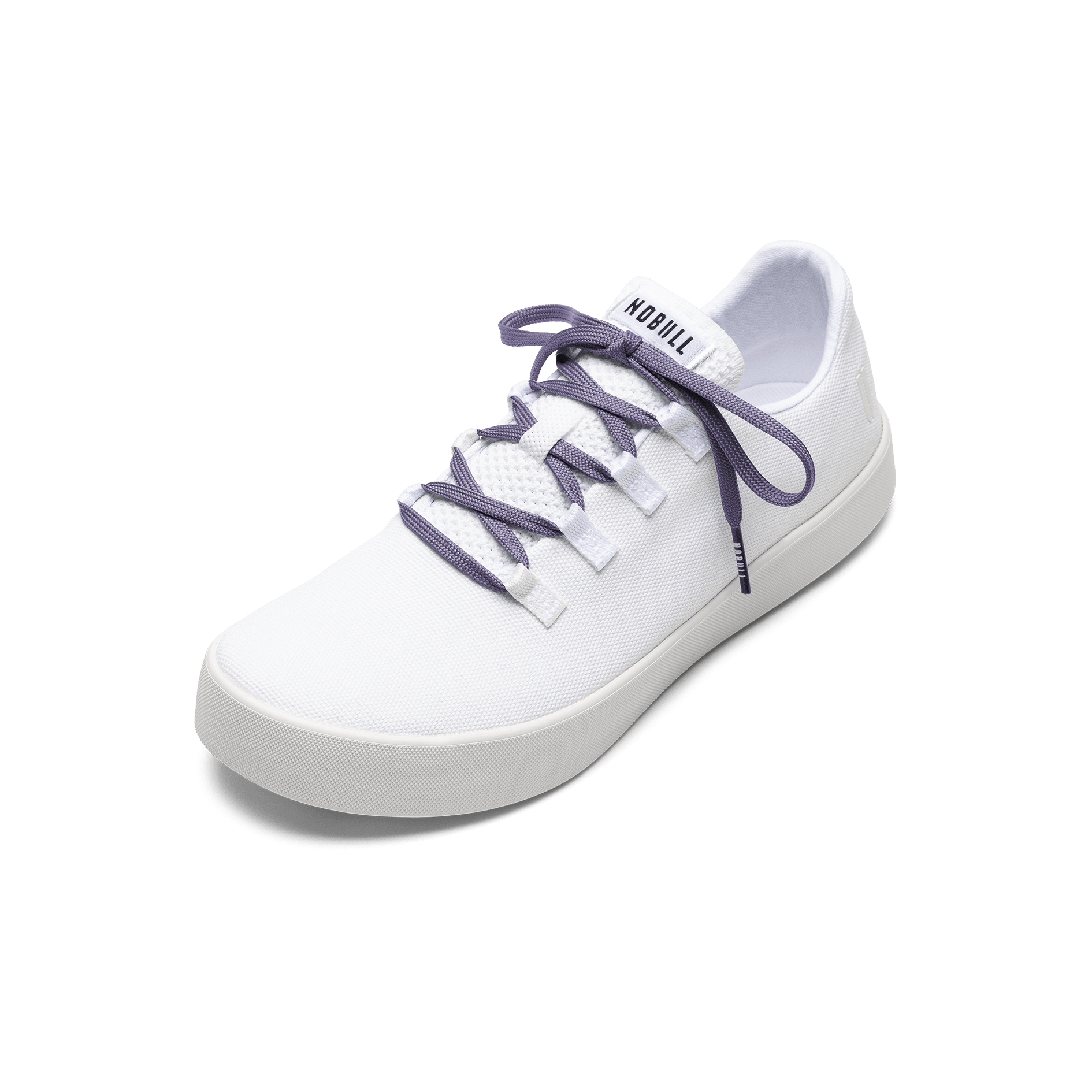 White Recs Canvas Shoe with Purple Shoelaces.