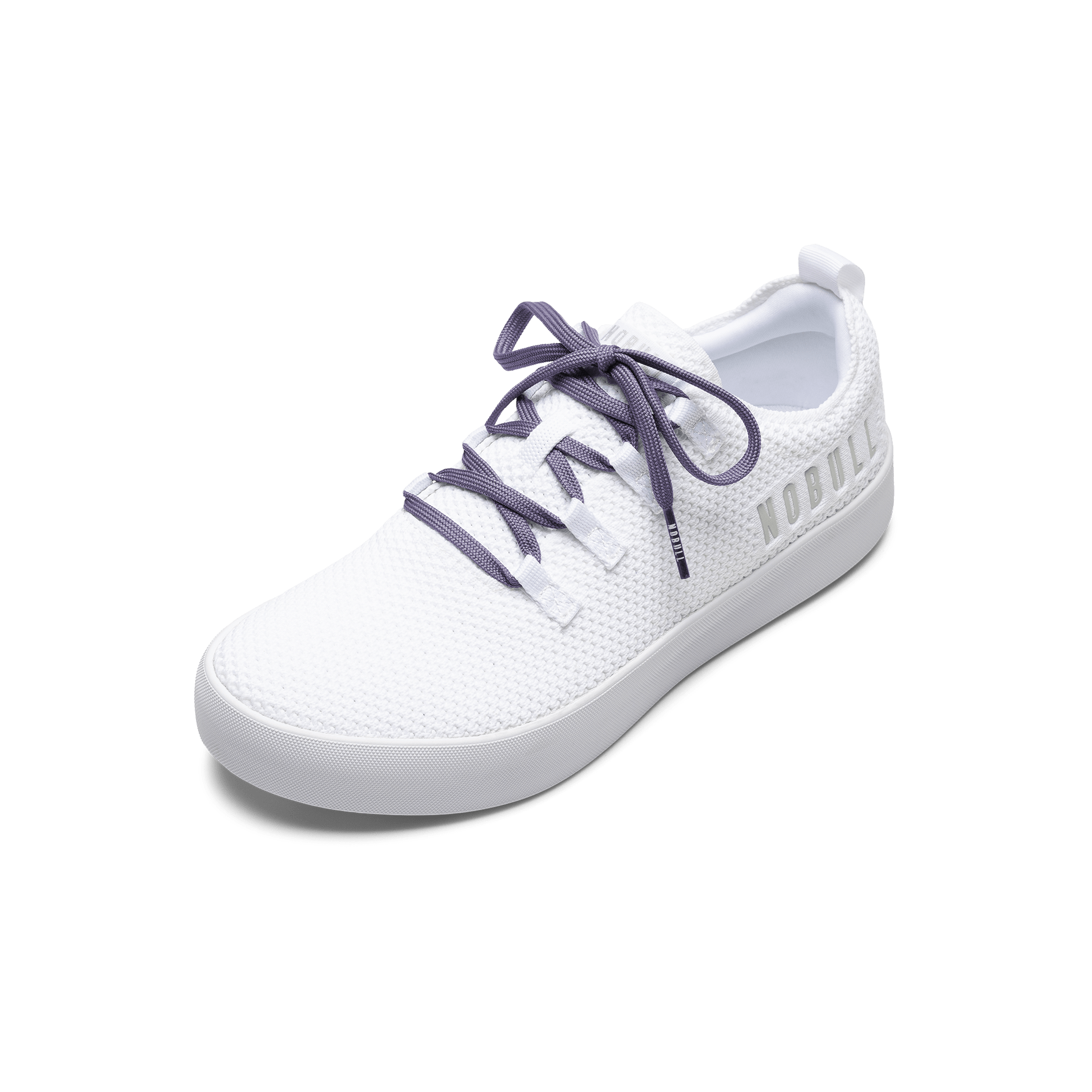 White Recs Knit Shoe with Purple Shoelaces.