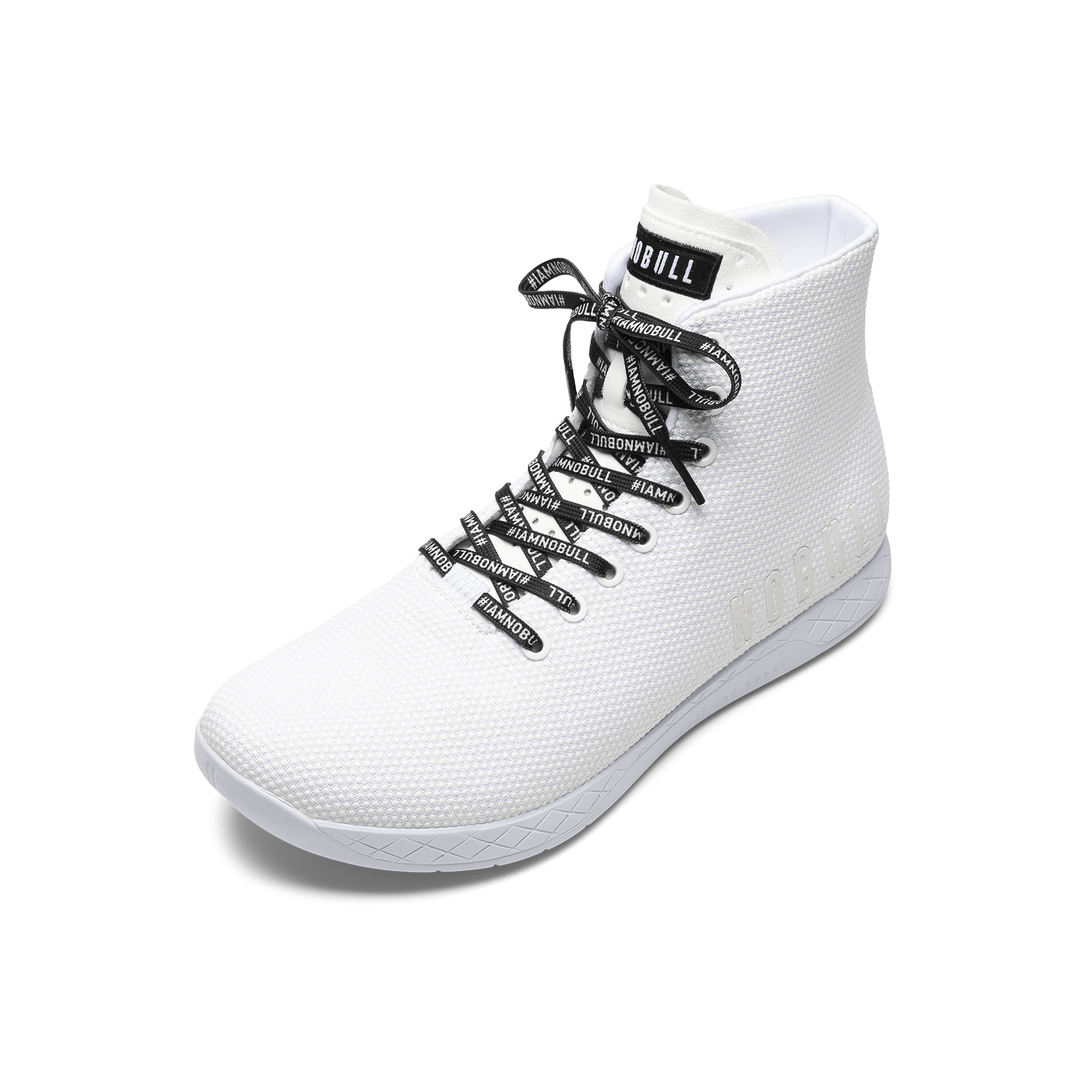 White Outwork High-Top Shoe with #IAMNOBULL Shoelaces.
