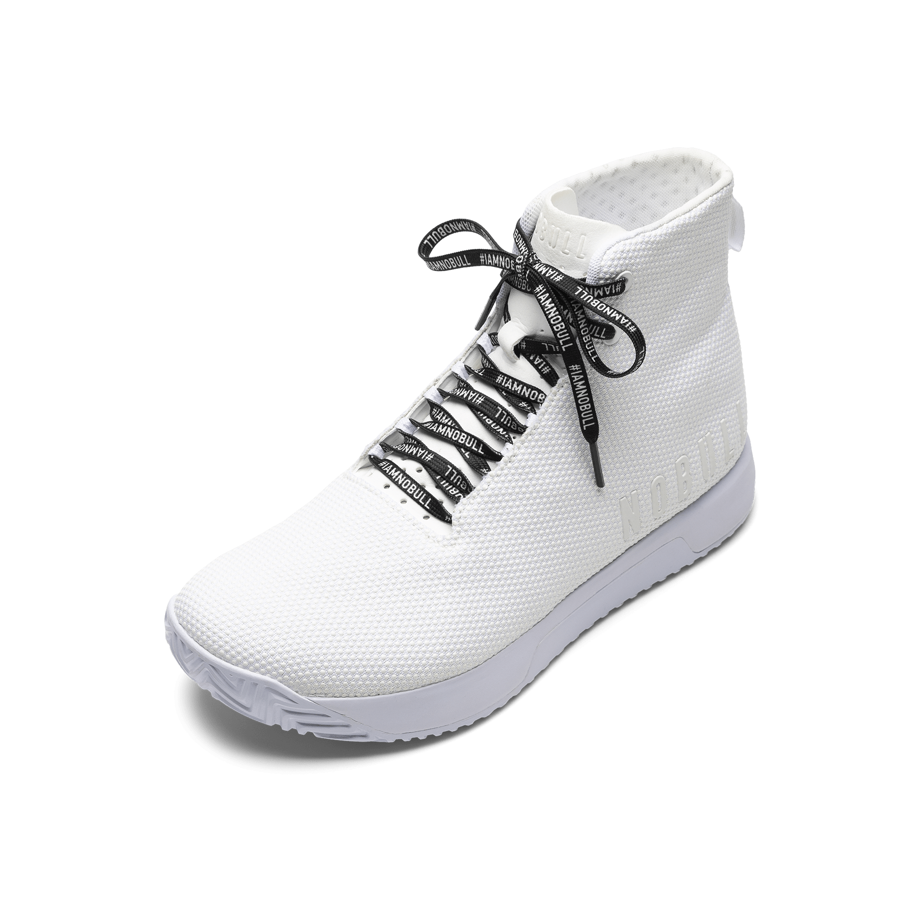 White Outwork Edge High-Top Shoe with #IAMNOBULL Shoelaces.
