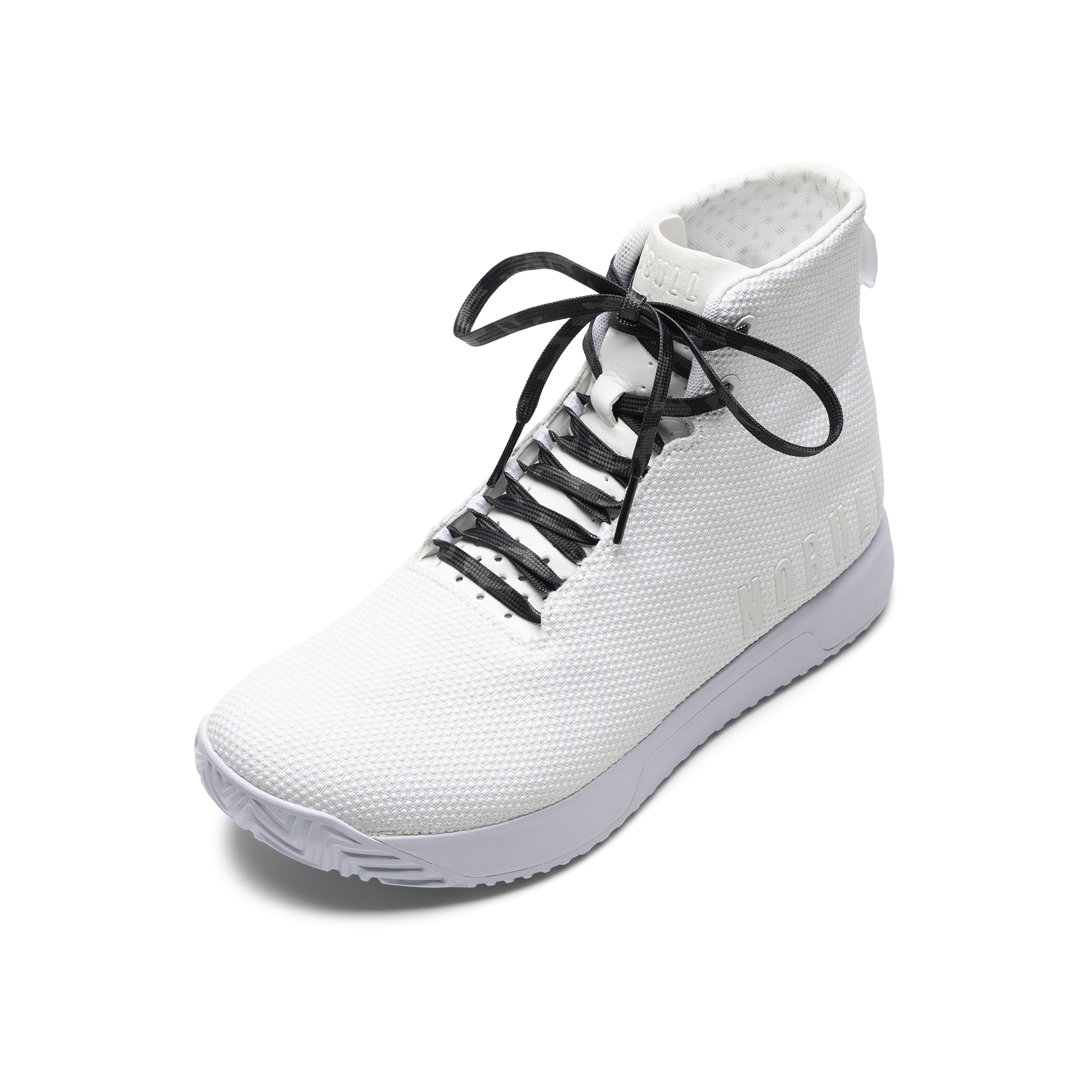 White Outwork Edge high-top with black camo shoelaces.