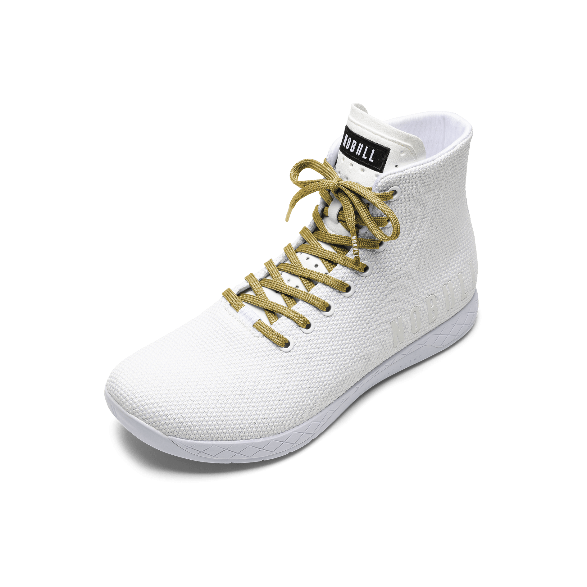 White Outwork high-top shoes with ginger laces.