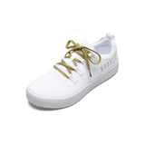 White Recs Knit shoes with Ginger Laces.