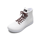 White Outwork High-Top Shoe with Dark Maroon Shoelaces.