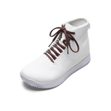 White Outwork Edge High-Top Shoe with Dark Maroon Shoelaces.