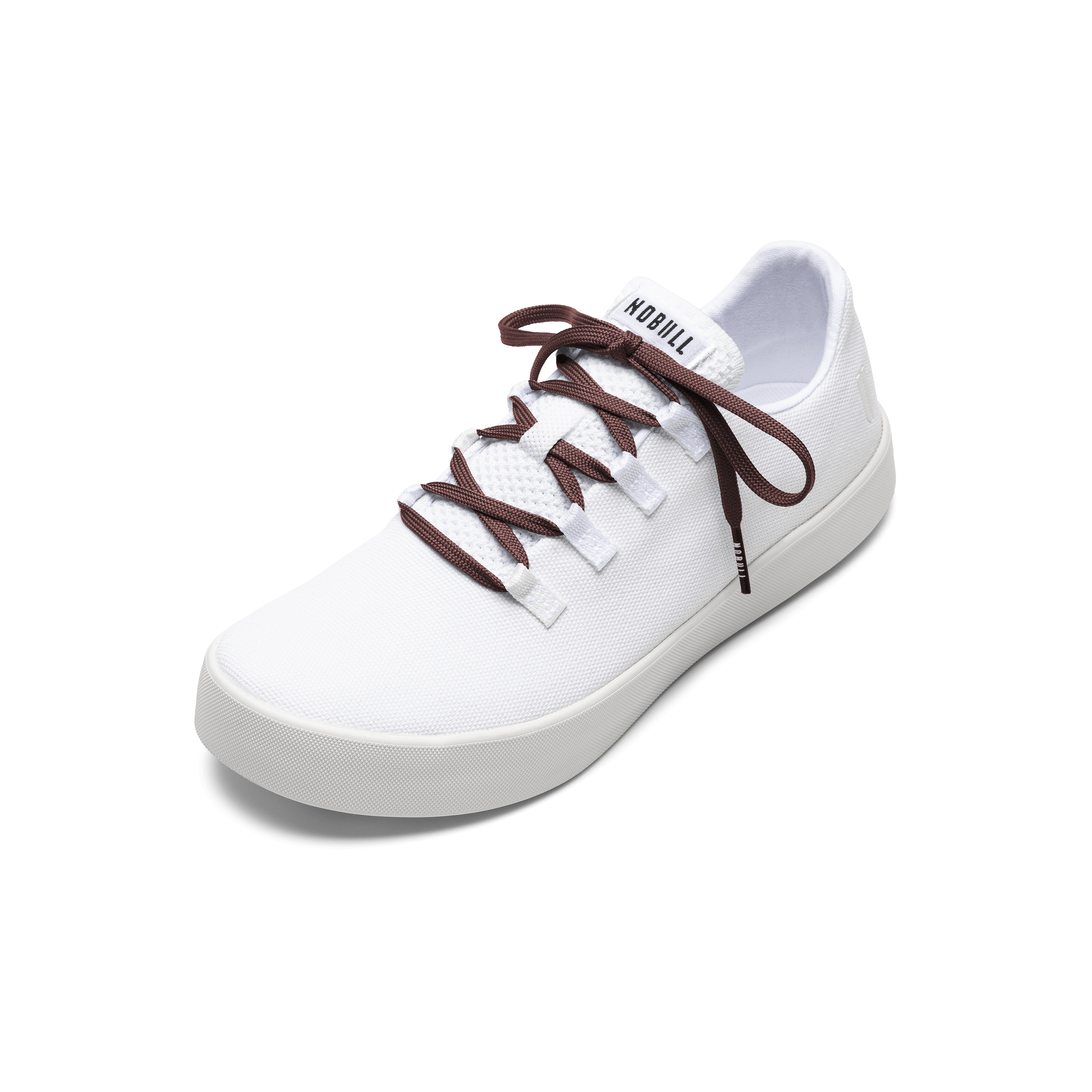 White Recs Canvas Shoe with Dark Maroon Shoelaces.