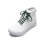 White Outwork Edge High-Top Shoe with Dark Aqua Shoelaces.