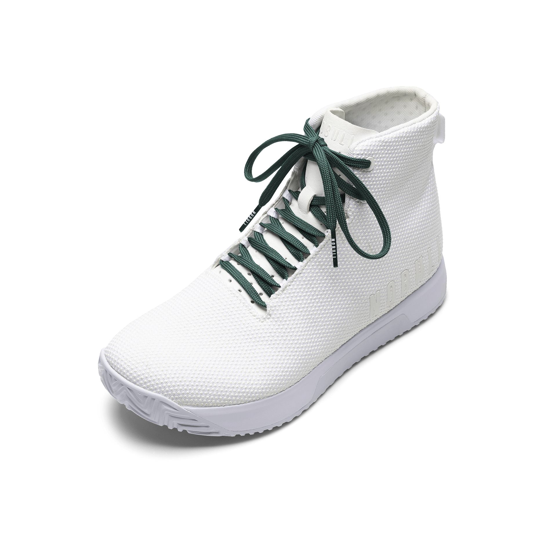 White Outwork Edge High-Top Shoe with Dark Aqua Shoelaces.