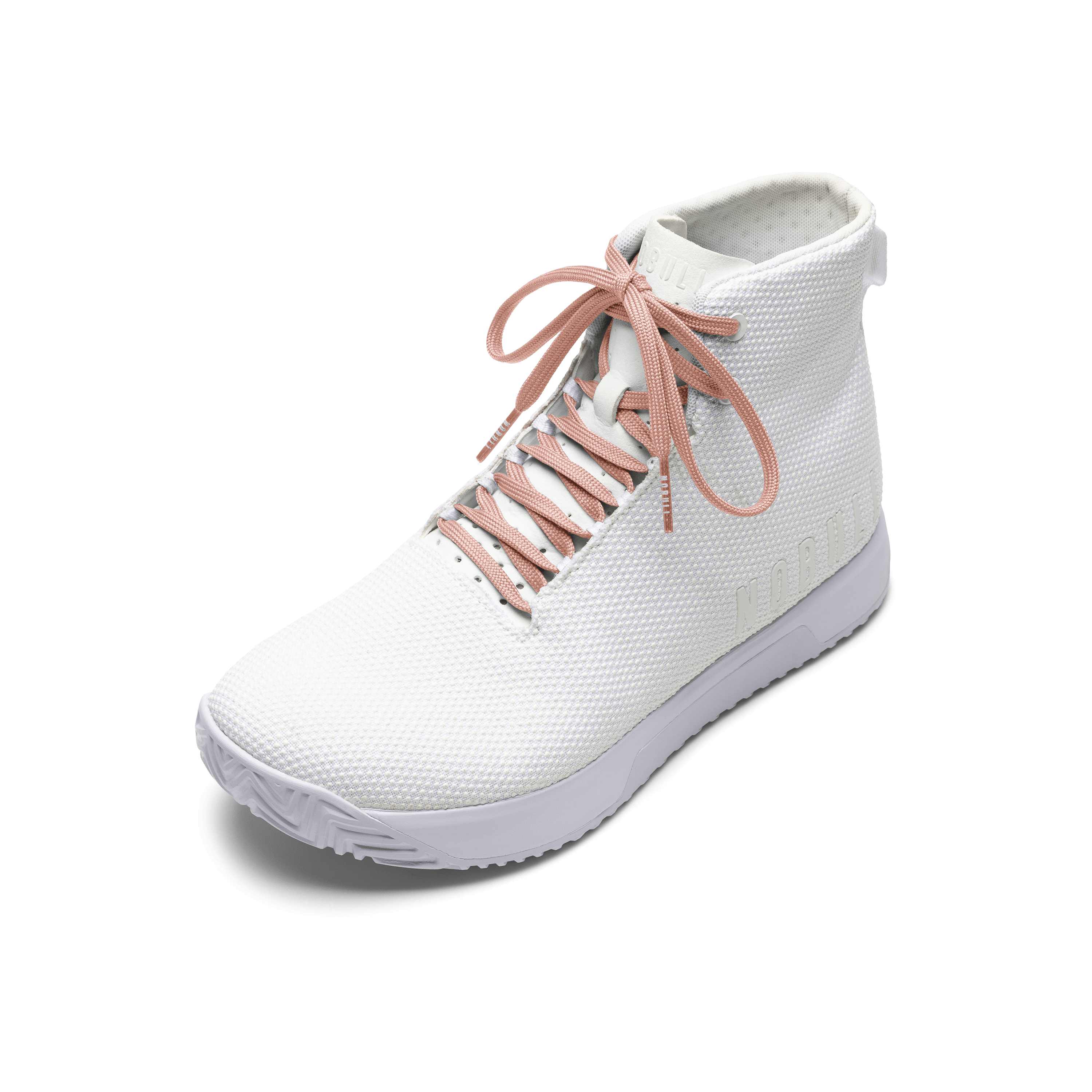 White Outwork Edge High-Top Shoe with Sunrise Shoelaces.