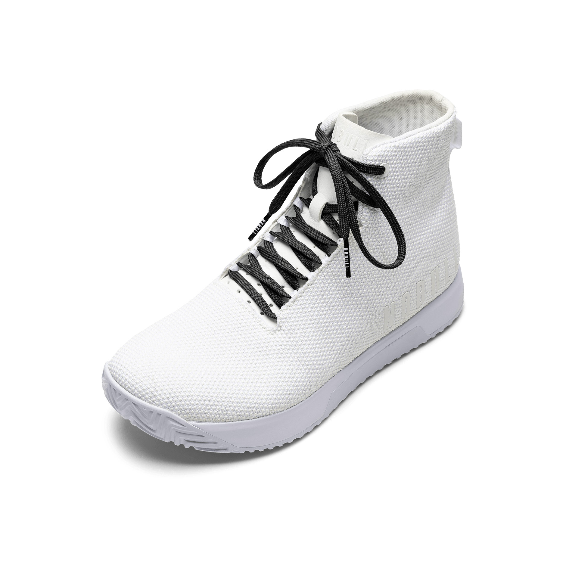 White Outwork Edge High-Top Shoe with Jet Black Shoelaces.