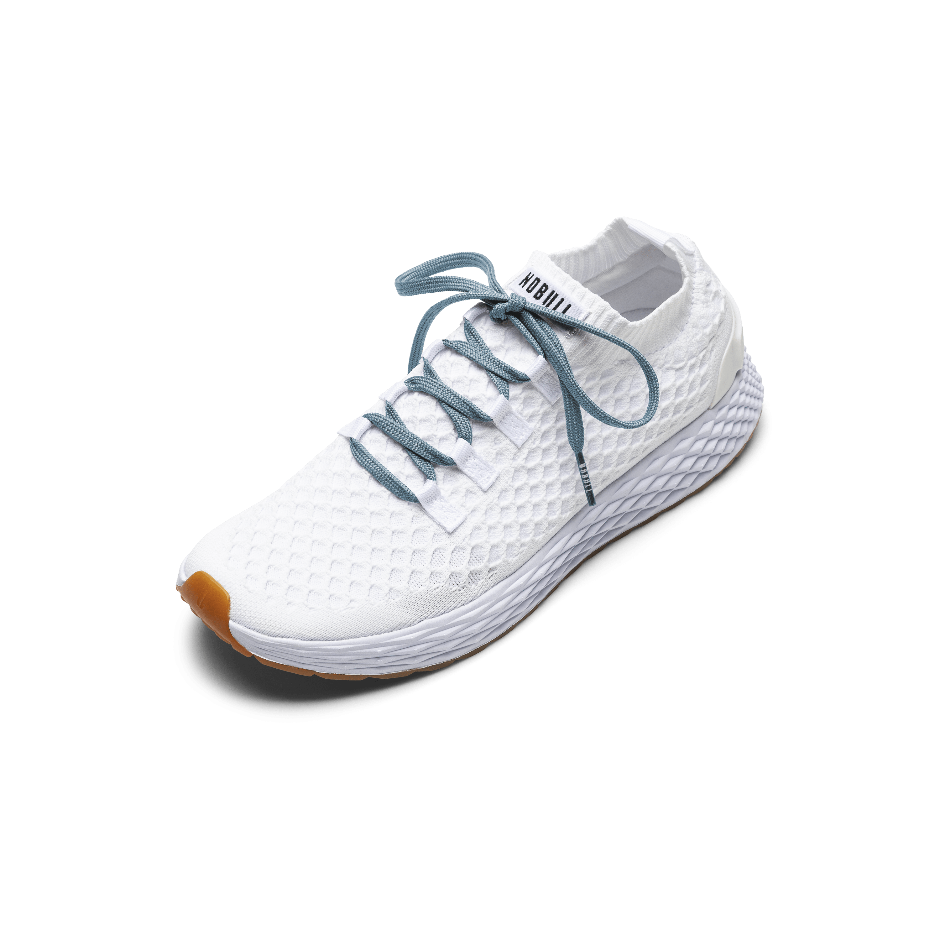 White Allday Knit Shoe with Powder Blue Shoelaces.