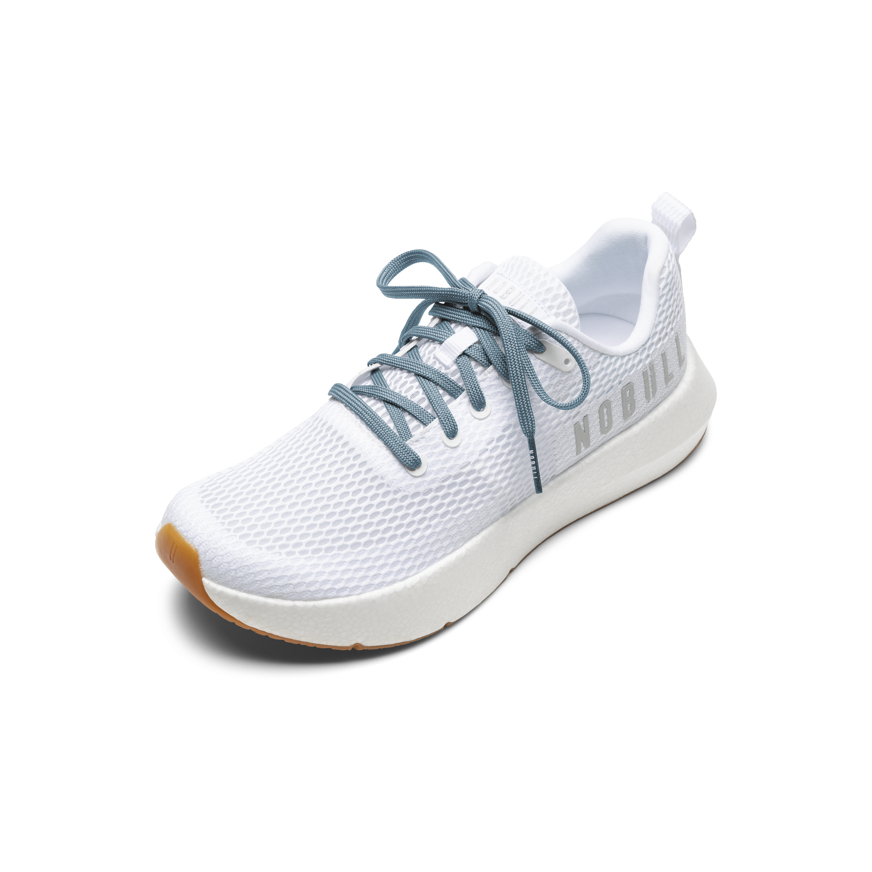 White Drive Mesh Shoe with Powder Blue Shoelaces.