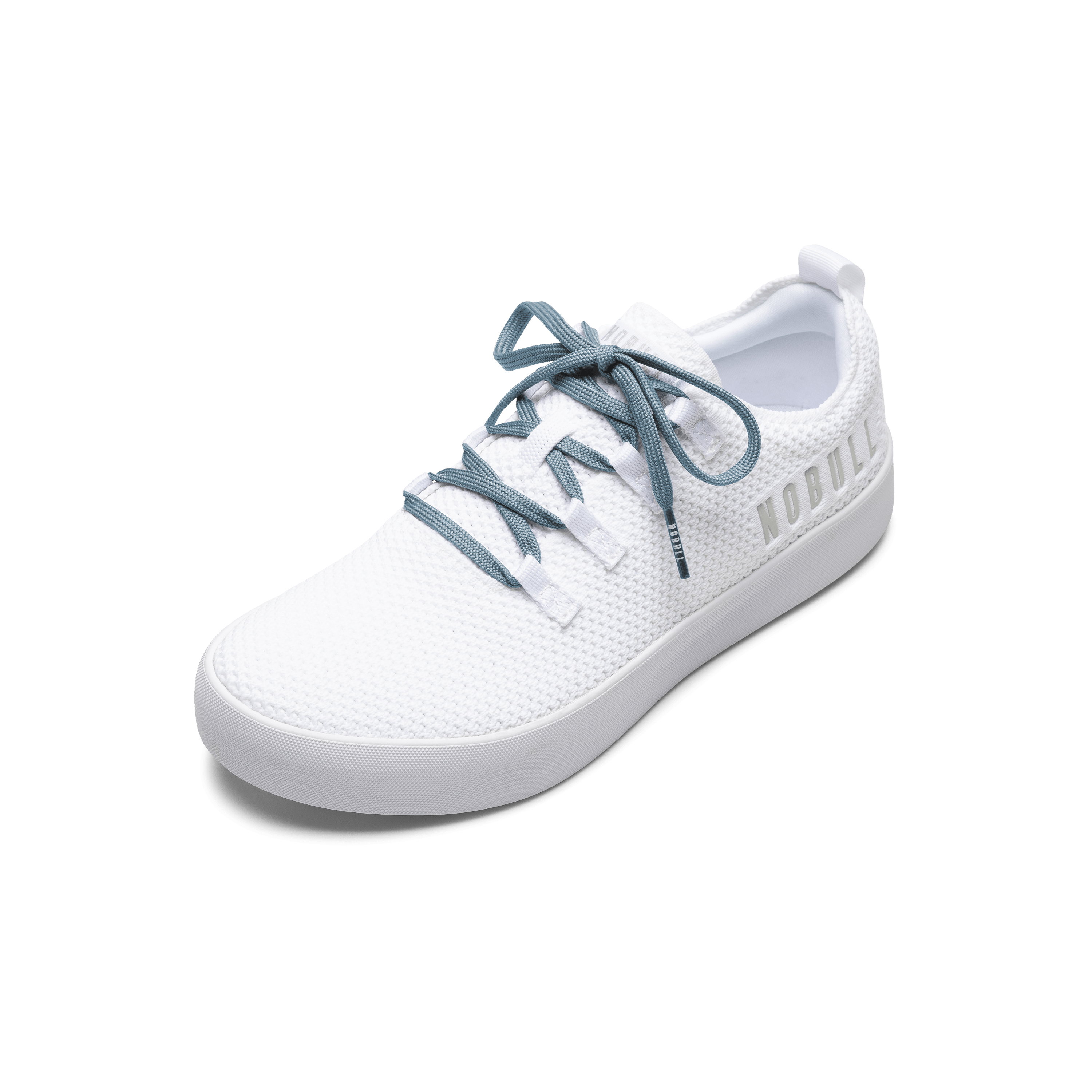 White Recs Knit Shoe with Powder Blue Shoelaces.