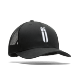Black Be U Trucker Hat Front Silhouette Angle.