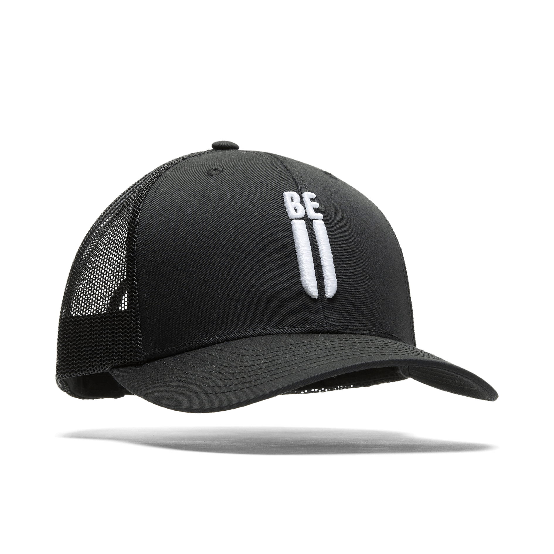 Black Be U Trucker Hat Front Silhouette Angle.