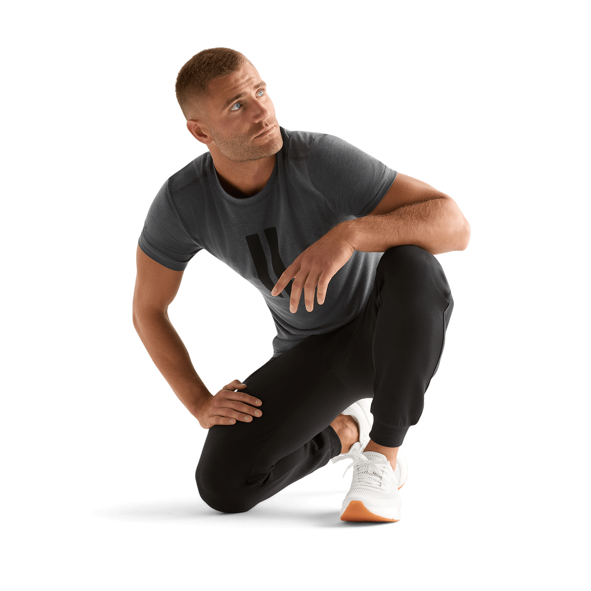 Charcoal Heather Men's U Tee Action Shot Angle.