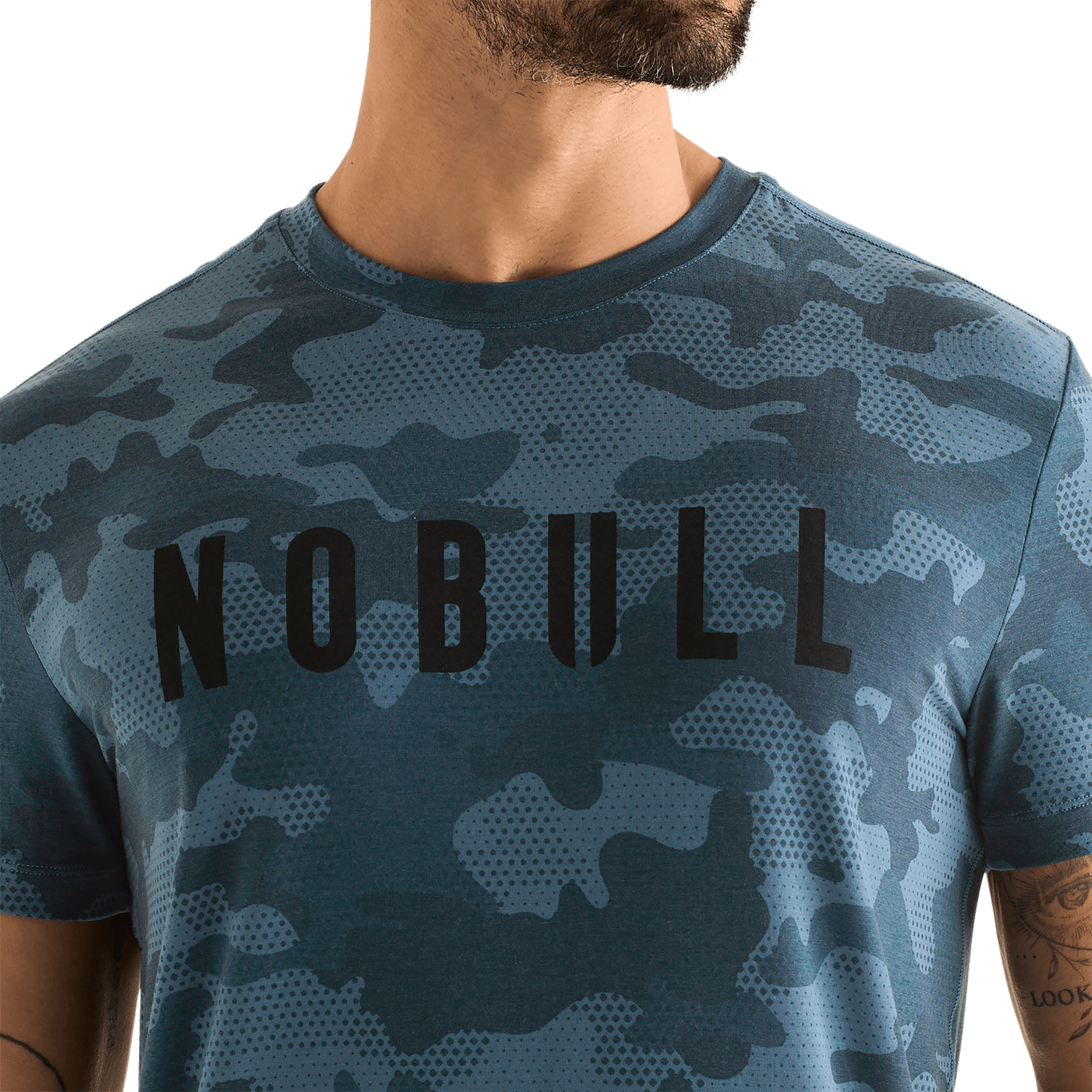 Coastal Blue Camo NOBULL Men's Tee Front Detail Angle.