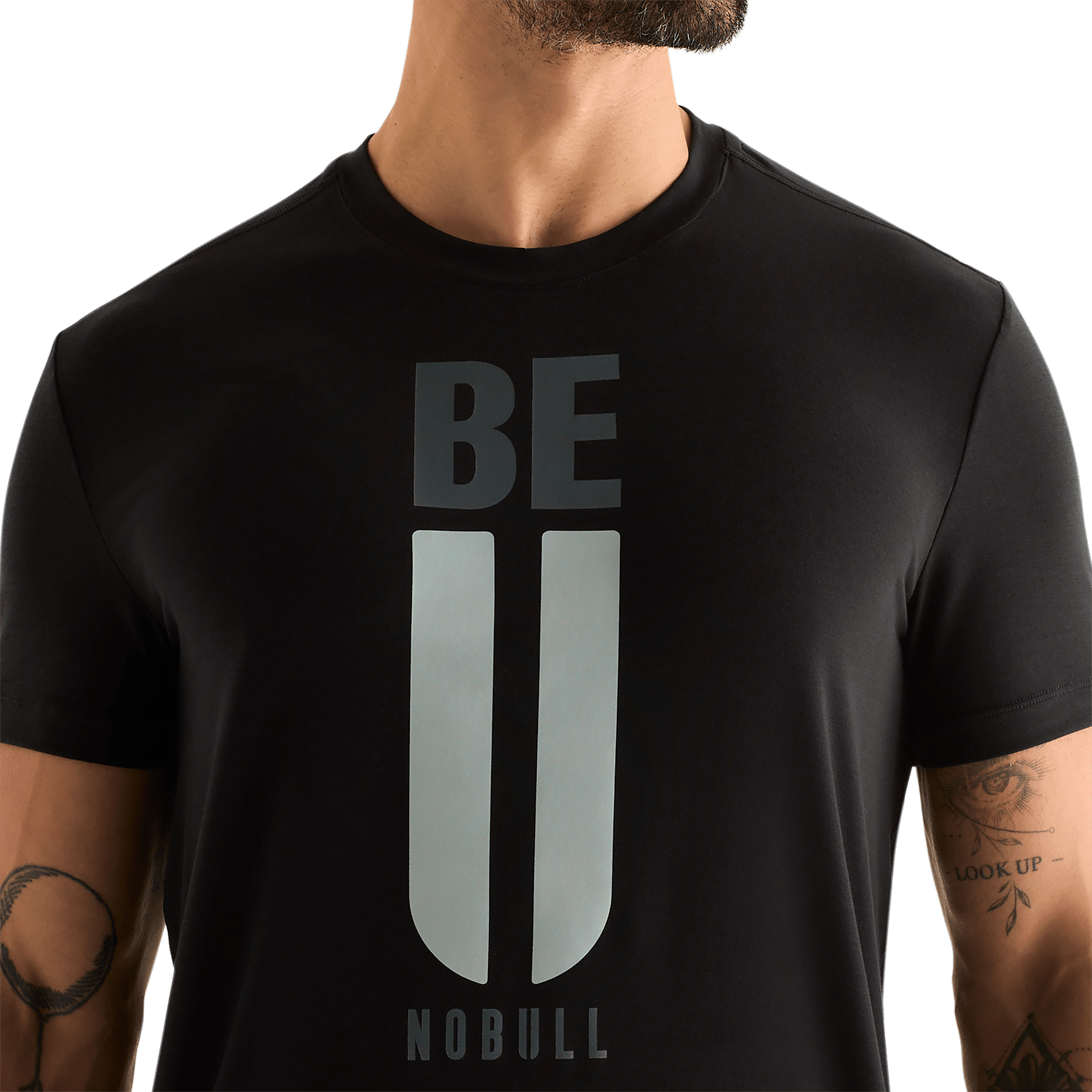Men's Black Be U Tee Front Detail Angle.