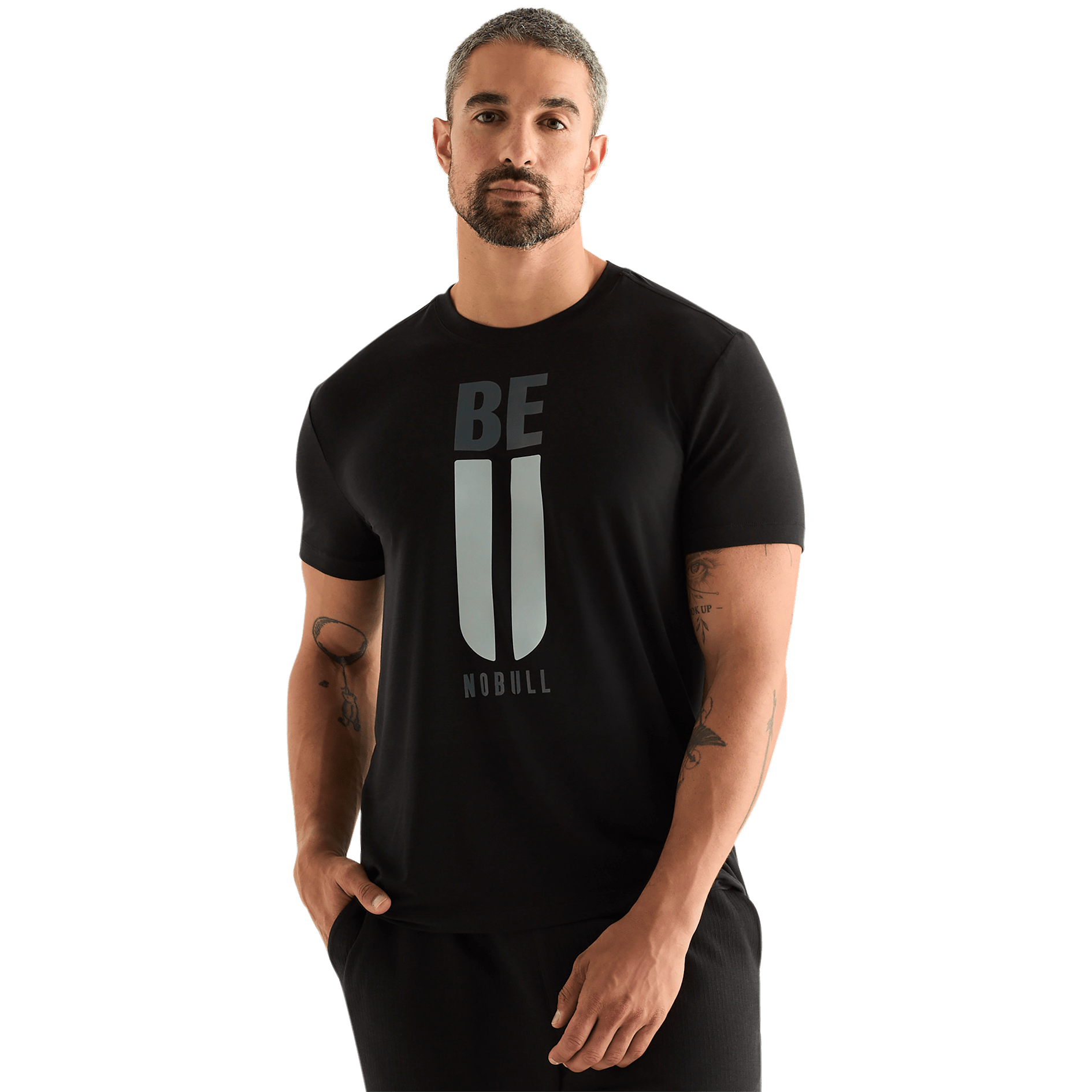 Men's Black Be U Tee Front Angle.
