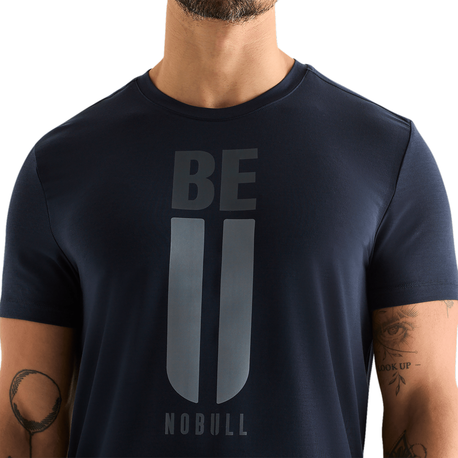 Night Navy Men's Be U Tee Front Detail Angle.