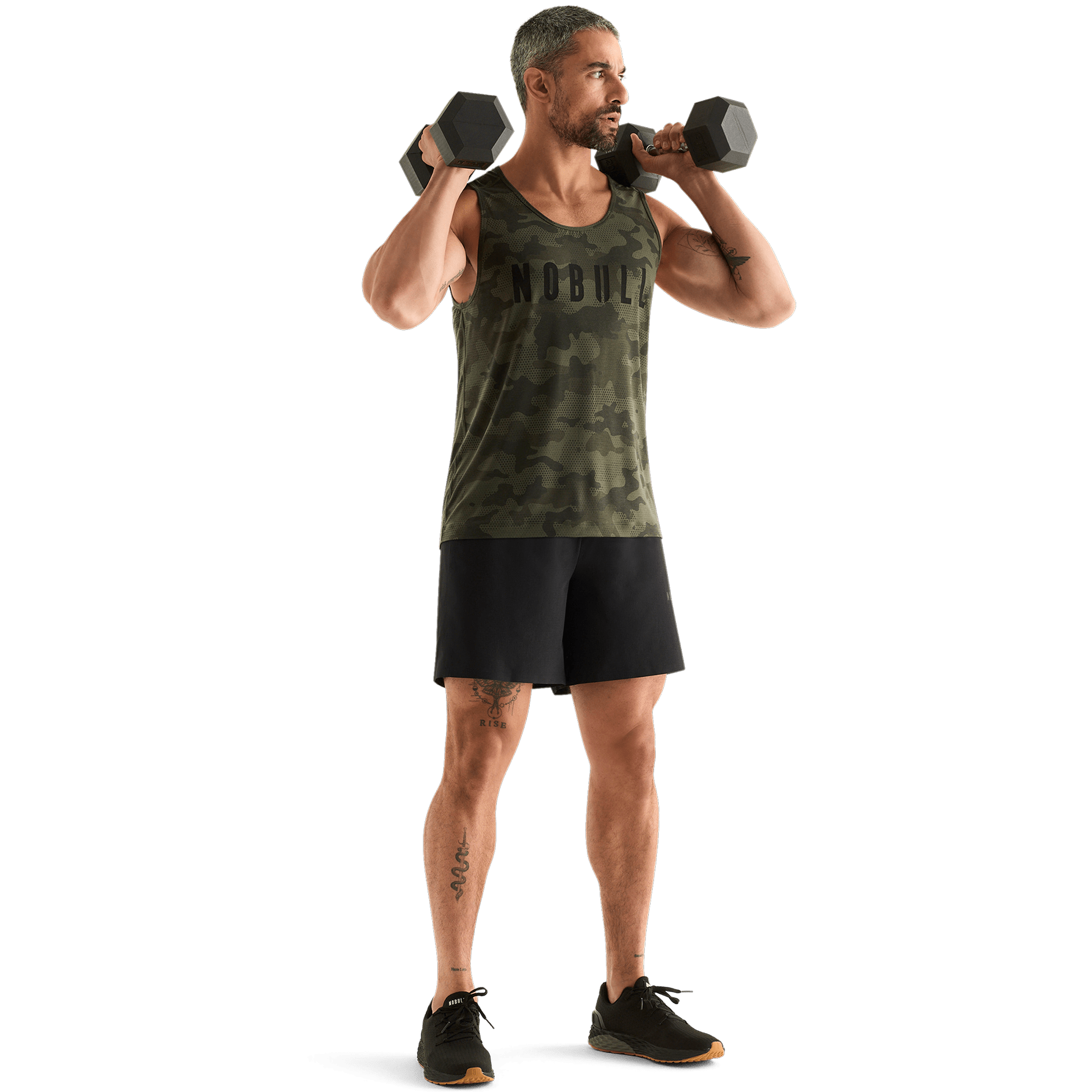 Dark Army Camo Men's NOBULL Tank Action Shot Angle.