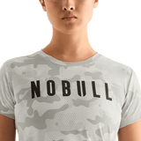 Light Grey Camo Women's NOBULL Tee Front Detail Angle.
