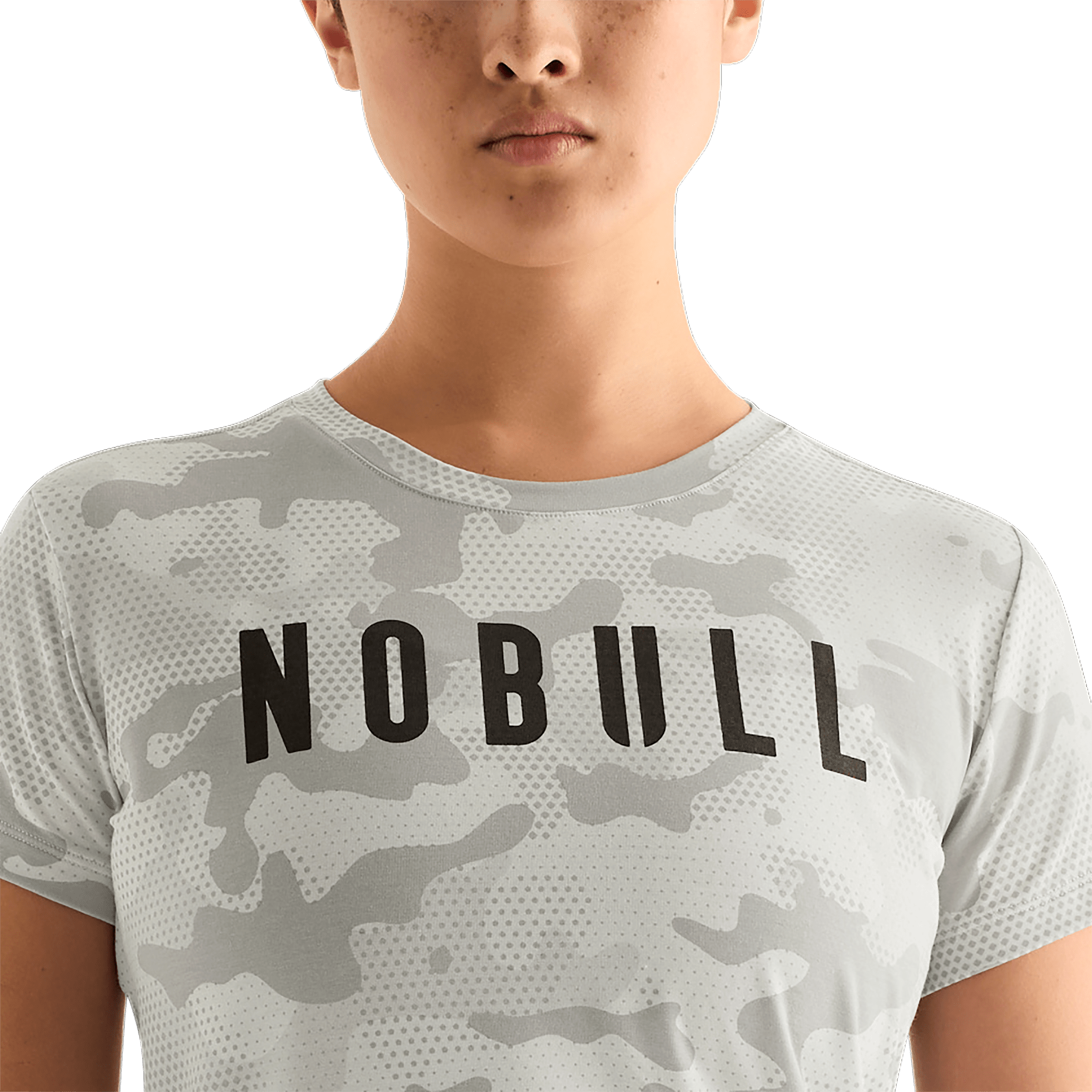 Light Grey Camo Women's NOBULL Tee Front Detail Angle.